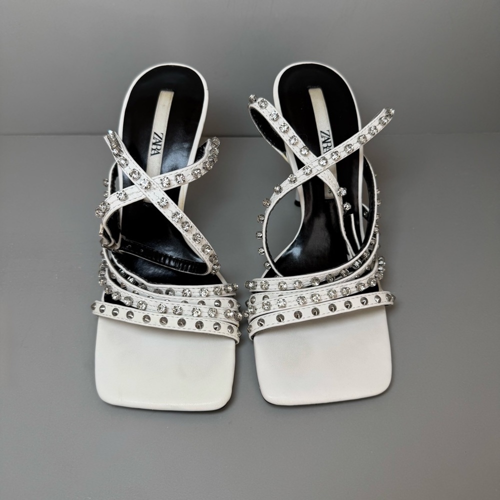 ZARA White Studded Rhinestone Heeled Sandals Square Toe Rockstar - Size US 7.5-8